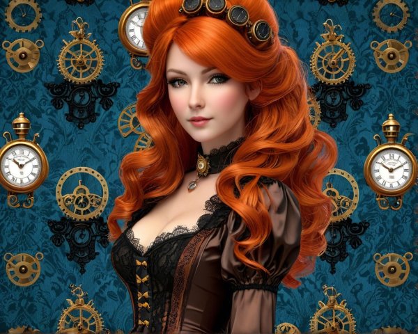 Steampunk Woman in Dark Gown with Orange Hair