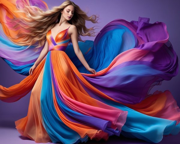 Model in Multicolored Gown Against Purple Gradient