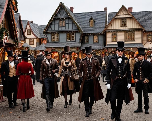 Victorian-era outdoor market in a decorated village