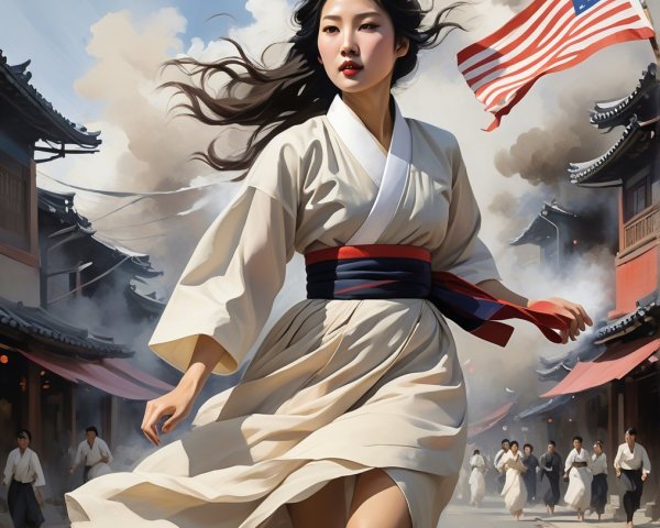 Woman in Traditional Outfit Amidst Bustling Street Scene