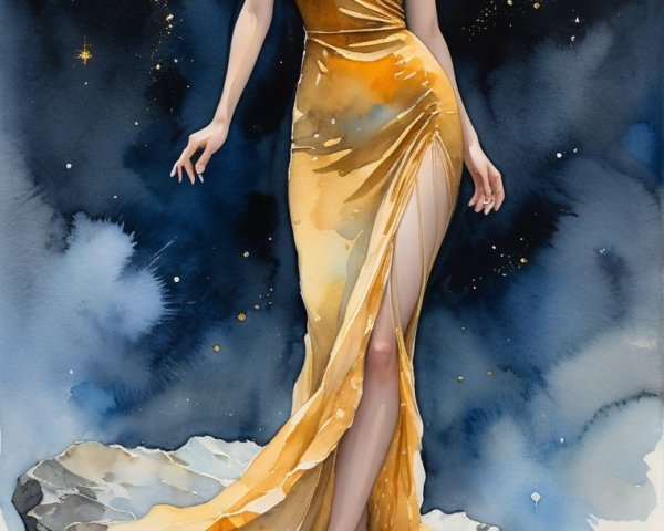 Woman in Golden Dress Against Starry Night Sky