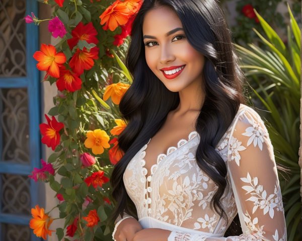 Young woman in lace dress among vibrant flowers