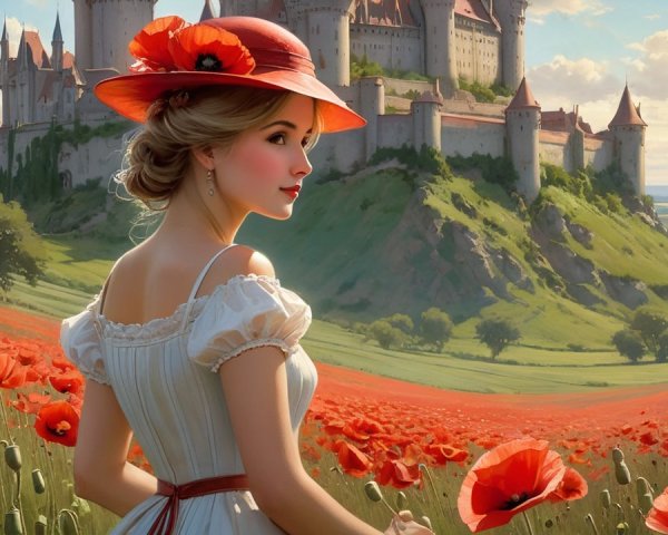 Young Woman in Poppy Field with Castle Background