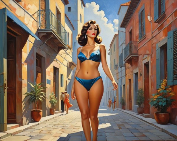 Glamorous Woman in Blue Bikini on Sunlit Street