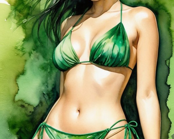 Watercolor Illustration of Woman in Green Bikini