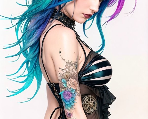 Profile of a figure with blue and purple hair and tattoos