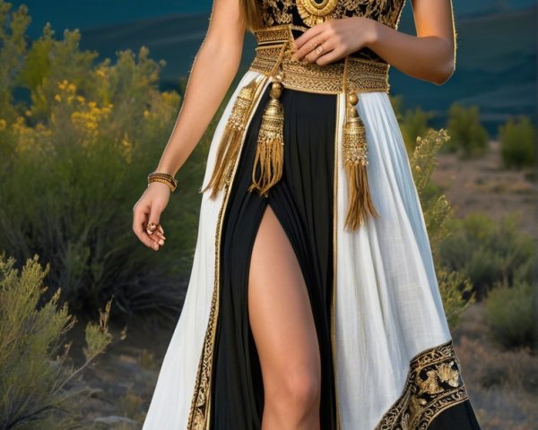 Model in Black and White Gown with Gold Embroidery