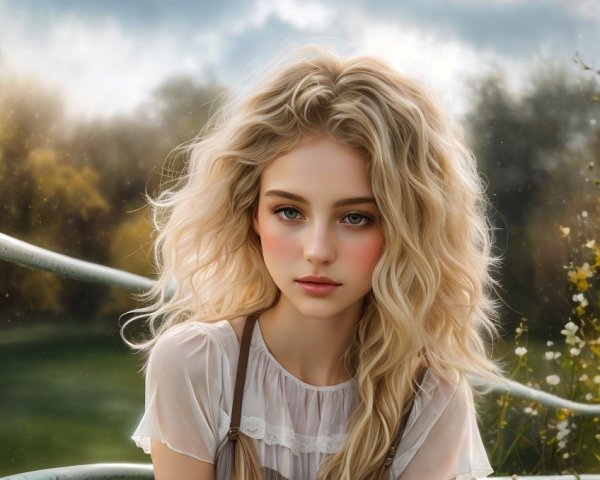 Young girl in serene landscape with fluffy clouds