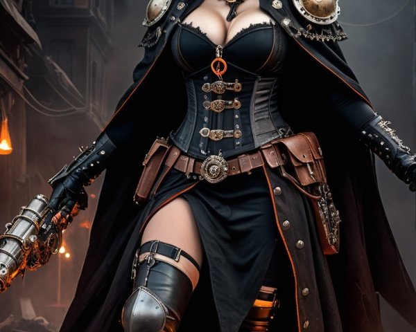 Powerful figure in foggy street with witch attire
