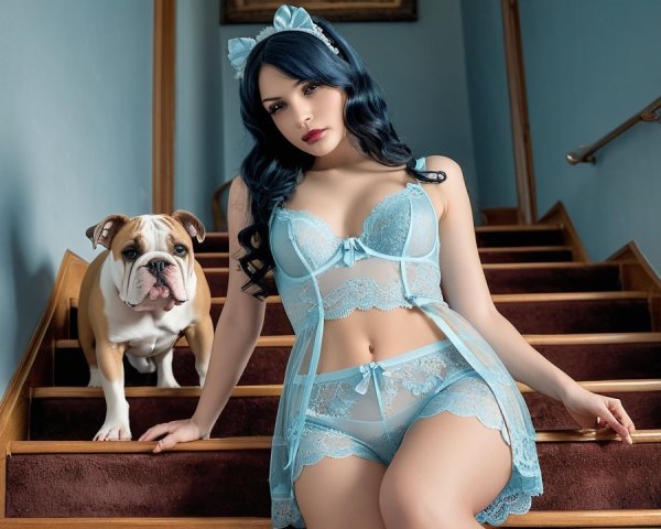 Woman in Blue Lingerie with Bulldog on Staircase