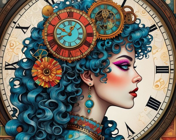 Illustration of a Woman with Turquoise Curls and Clocks