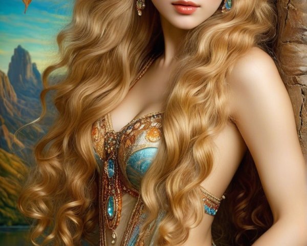 Woman in jeweled crown by tree in serene landscape