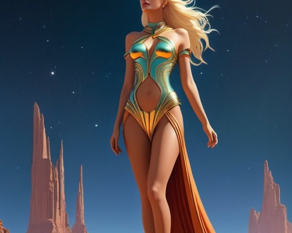 Futuristic Woman in Metallic Outfit on Rocky Landscape