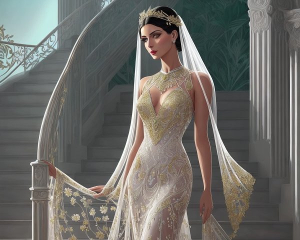 Elegant Woman on Grand Staircase in Embroidered Gown