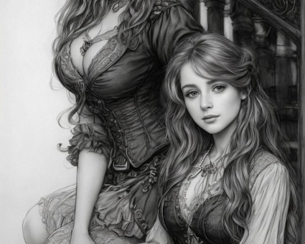 Elegant Vintage Attire of Two Women in Grayscale