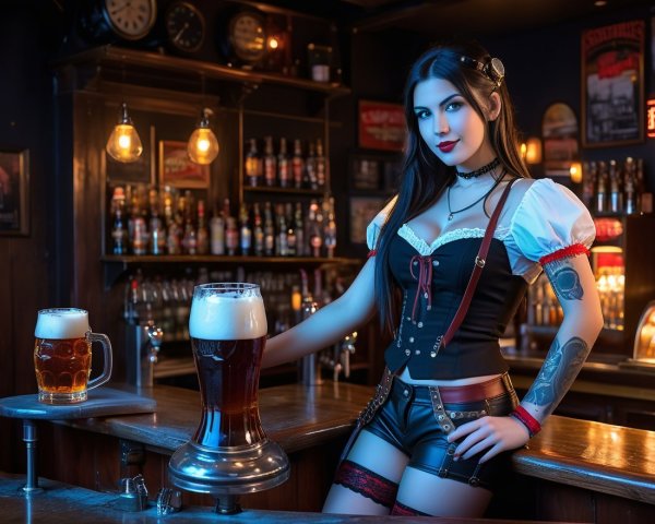 Young Woman in Modern Beer Maid Outfit at Bar