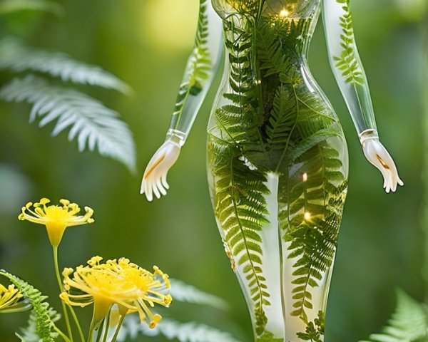 Whimsical Woman Blended with Lush Flora and Ferns