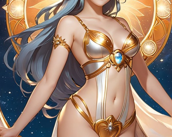 Goddess Figure with Cosmic Backdrop and Golden Accessories