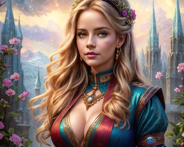 Regal figure in enchanted landscape with castles and roses