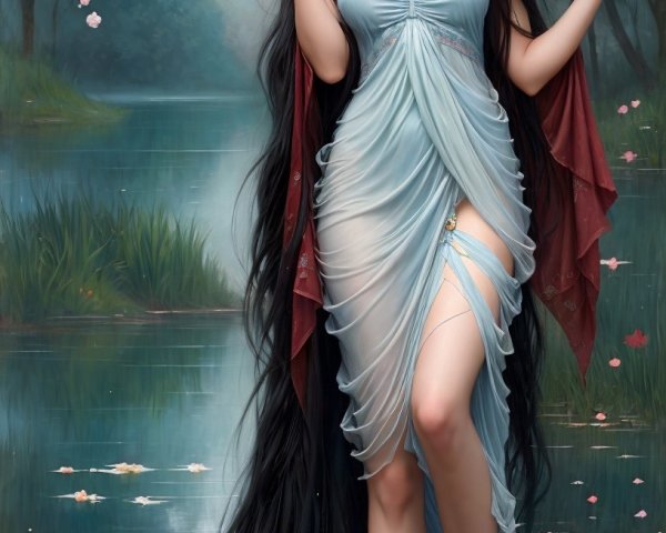 Anime-style woman in a blue dress on water with flowers