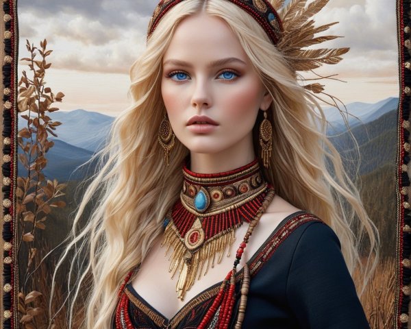 Portrait of a Woman with Feathered Headpiece and Jewelry