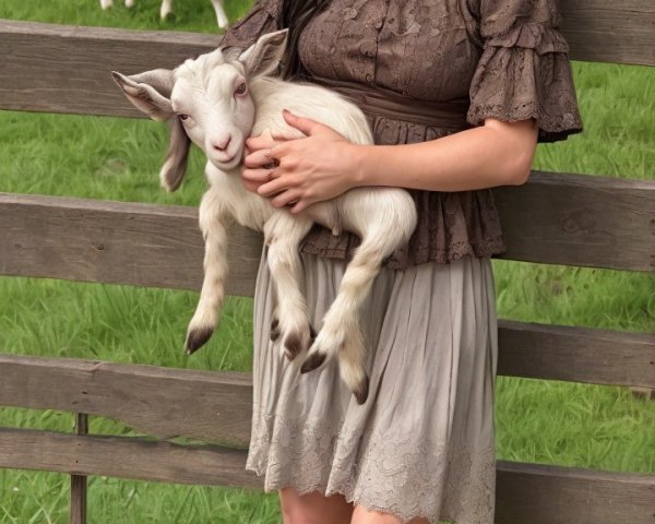 Young Woman Holding Goat on a Green Farm