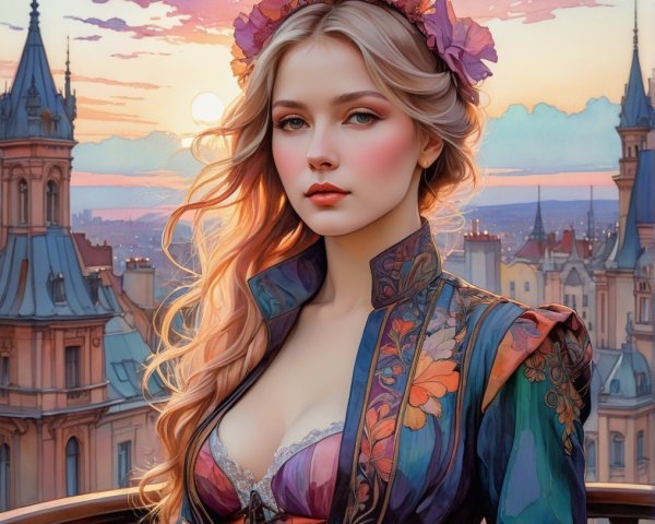 Woman in Colorful Dress on Balcony at Sunset