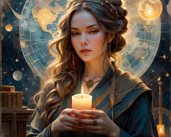 Young woman with candle in celestial setting