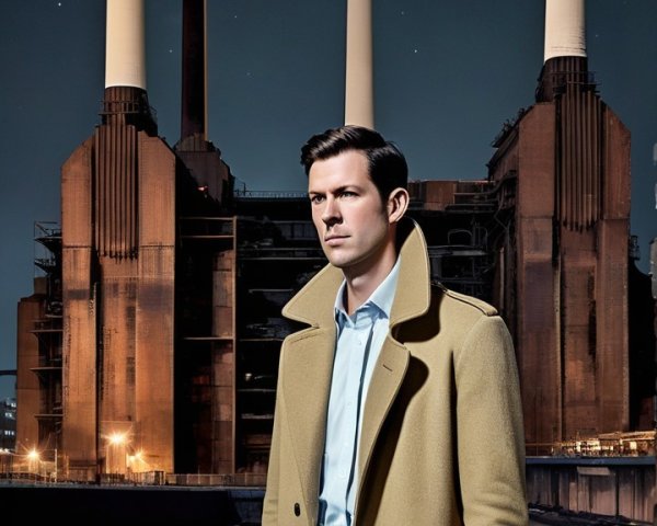 Stylish Man in Tan Coat Against Industrial Night Sky