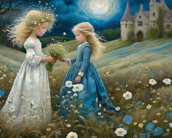 Dreamy Moonlit Landscape with Girls and Castle
