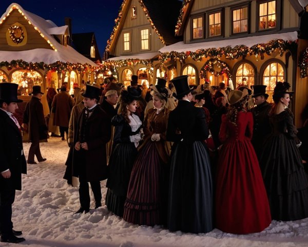 Charming Village Winter Scene with Holiday Decorations