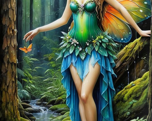 Fairy in Serene Forest with Vibrant Wings and Stream