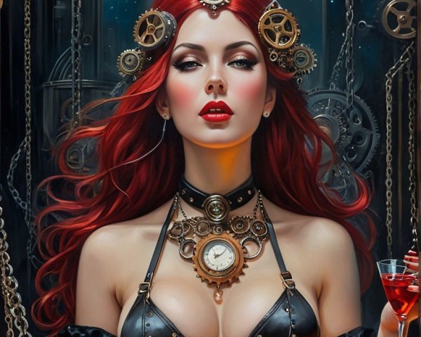 Steampunk Woman with Red Hair and Clockwork Elements