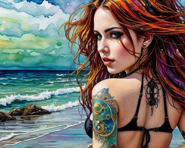 Vibrant portrayal of woman by the shore with tattoos