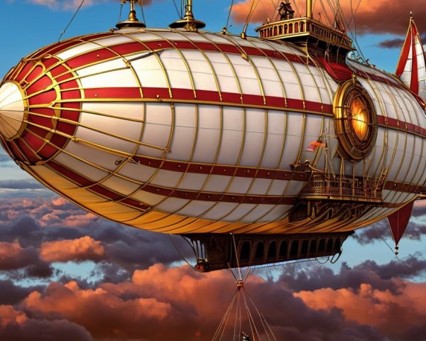 Majestic Steampunk Airship in Vibrant Sunset Sky