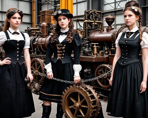 Elegant Women in Steampunk Industrial Setting