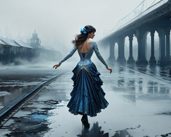 Elegant Woman in Blue Gown on Misty Street