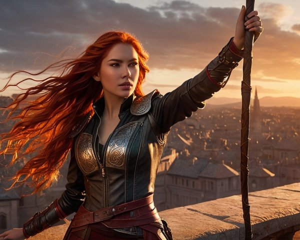 Warrior on Balcony Overlooking Medieval City at Sunset