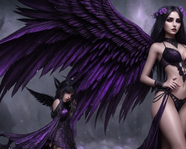 Ethereal Figures with Purple Wings in Dark Lingerie