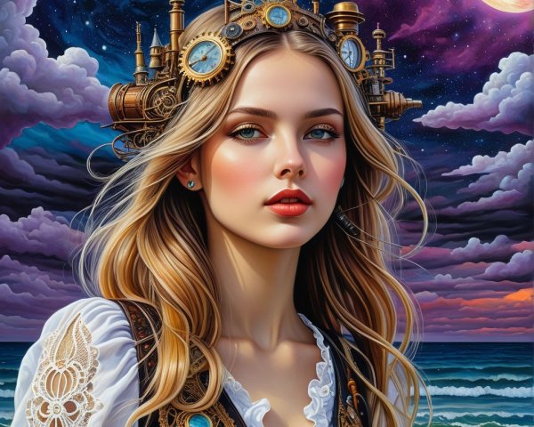 Young Woman in Steampunk Crown with Dramatic Background