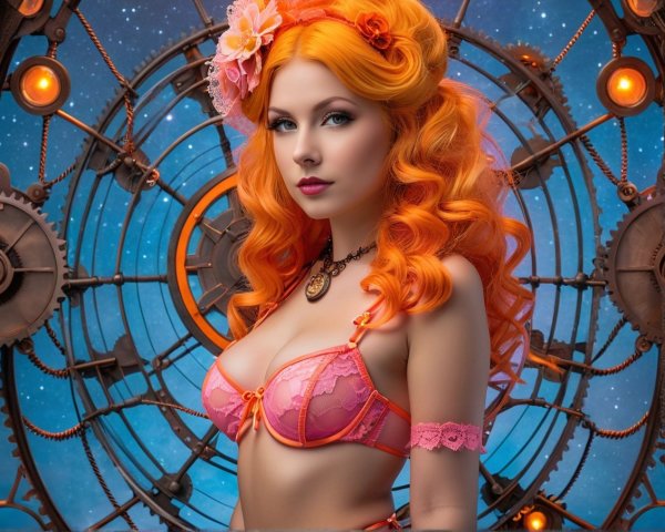 Woman with Orange Curls in Steampunk Fantasy Setting
