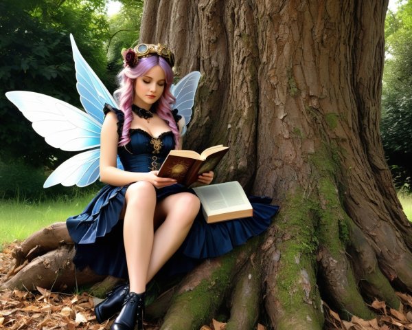 Steampunk Fairy Reading in a Mossy Forest Setting