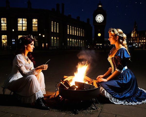 Elegant Women by Campfire Under Night Sky