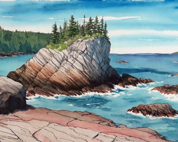 Serene Coastal Landscape with Rocky Outcrop and Pines