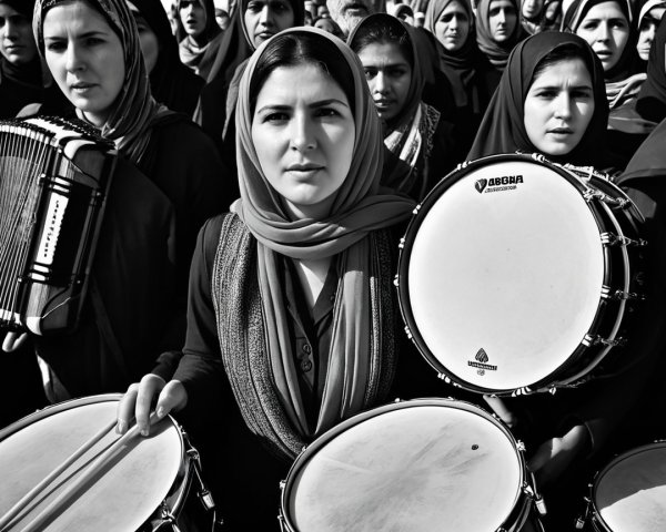 Women with Drums in Black and White Photograph
