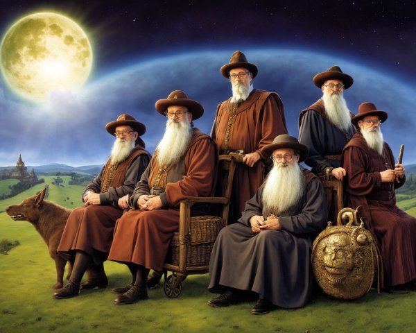 Elderly wizards in robes gather under a bright moon