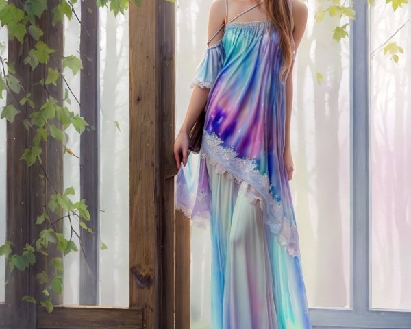 Ethereal figure in pastel gown in misty forest setting