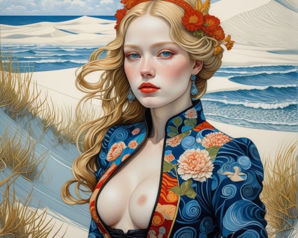 Woman with Floral Hair and Patterned Jacket by Dunes