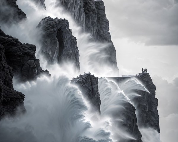 Dramatic Scene of Cliffs and Distant Building with Waves