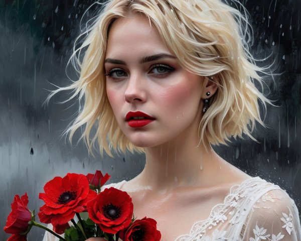 Young woman in lace dress with red anemones in rain